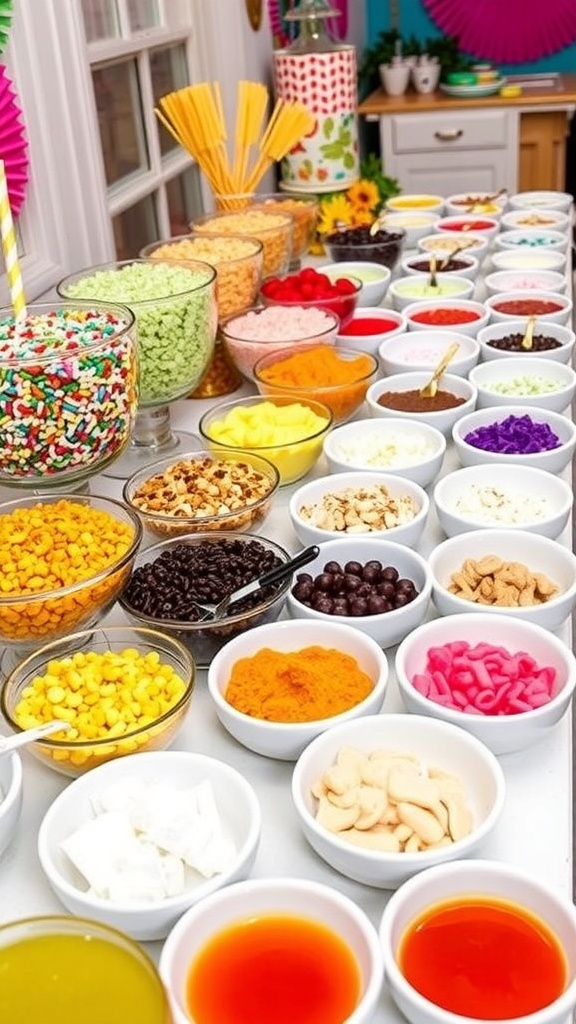 DIY Ice Cream Toppings Bar An ice cream toppings bar with colorful toppings like sprinkles, nuts, and fruits, with bowls of ice cream ready to serve.